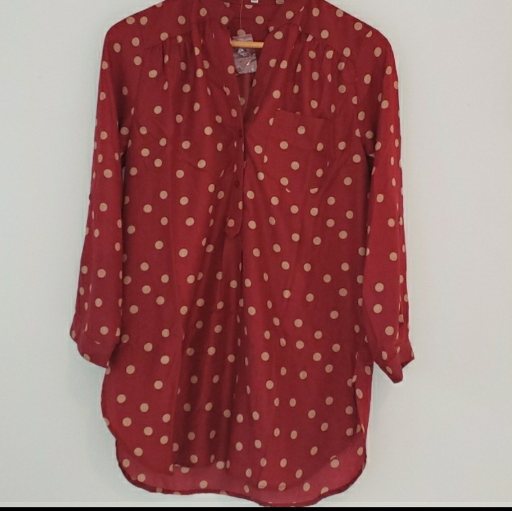 NWOT Fun2Fun Red & Gold Polkadot Blouse